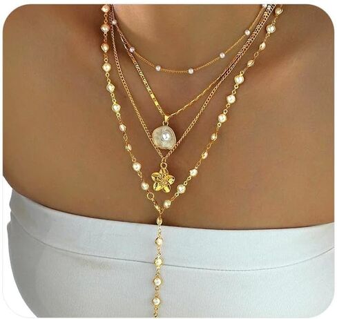Layered Gold Flower Pearl Beaded Choker Necklace for Women,White Shell Pendant Stacking Lariat Y-Necklace Valentine's Day Party Accessories Gift in Kuwait