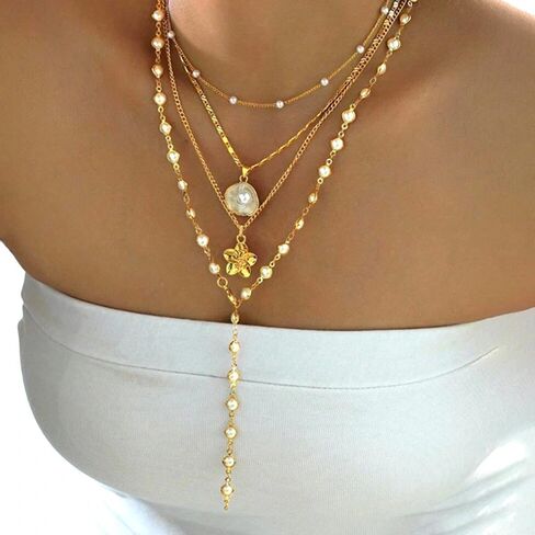 Layered Gold Flower Pearl Beaded Choker Necklace for Women,White Shell Pendant Stacking Lariat Y-Necklace Valentine's Day Party Accessories Gift in Kuwait