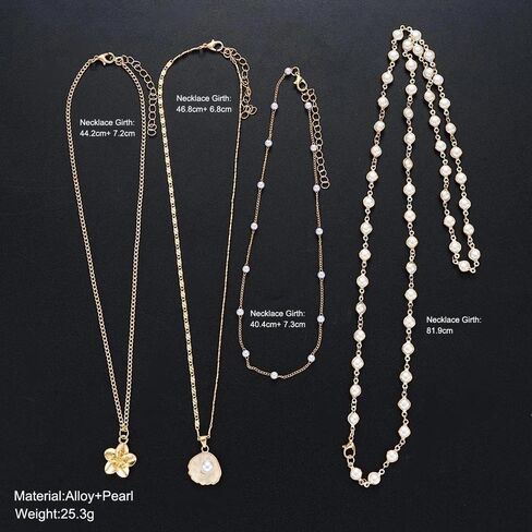 Layered Gold Flower Pearl Beaded Choker Necklace for Women,White Shell Pendant Stacking Lariat Y-Necklace Valentine's Day Party Accessories Gift in Kuwait