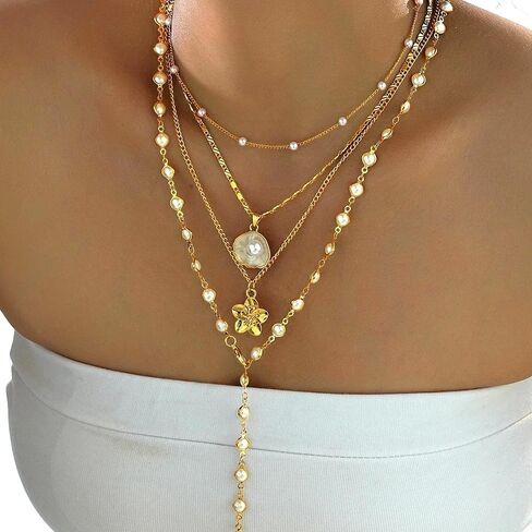 Layered Gold Flower Pearl Beaded Choker Necklace for Women,White Shell Pendant Stacking Lariat Y-Necklace Valentine's Day Party Accessories Gift in Kuwait