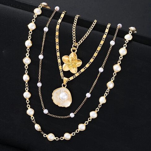 Layered Gold Flower Pearl Beaded Choker Necklace for Women,White Shell Pendant Stacking Lariat Y-Necklace Valentine's Day Party Accessories Gift in Kuwait