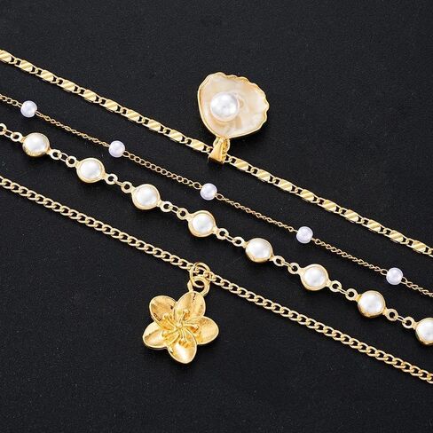 Layered Gold Flower Pearl Beaded Choker Necklace for Women,White Shell Pendant Stacking Lariat Y-Necklace Valentine's Day Party Accessories Gift in Kuwait