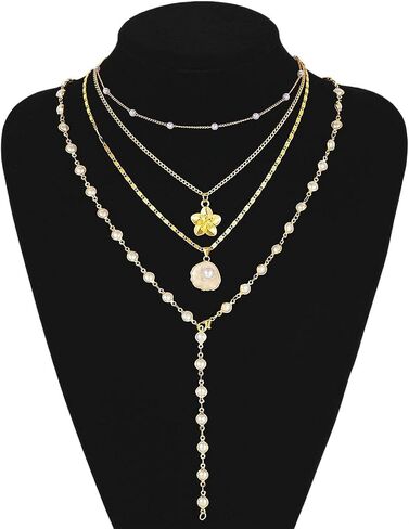 Layered Gold Flower Pearl Beaded Choker Necklace for Women,White Shell Pendant Stacking Lariat Y-Necklace Valentine's Day Party Accessories Gift in Kuwait