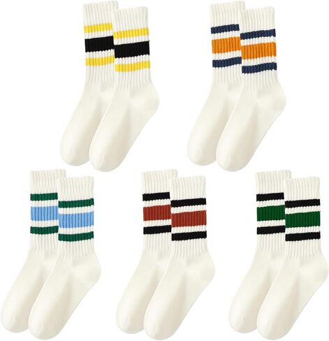 5 Pairs Striped Crew Socks for Women and Men, Cotton Seamless Toe Casual Socks, Retro Slouch Tube Sock in Kuwait