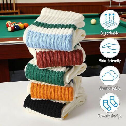 5 Pairs Striped Crew Socks for Women and Men, Cotton Seamless Toe Casual Socks, Retro Slouch Tube Sock in Kuwait
