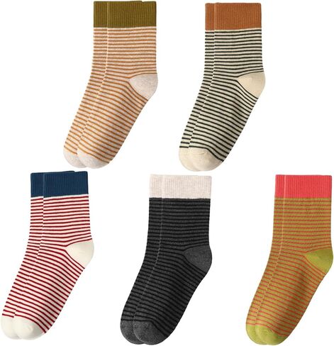 5 Pairs Striped Crew Socks for Women and Men, Cotton Seamless Toe Casual Socks, Retro Slouch Tube Sock in Kuwait