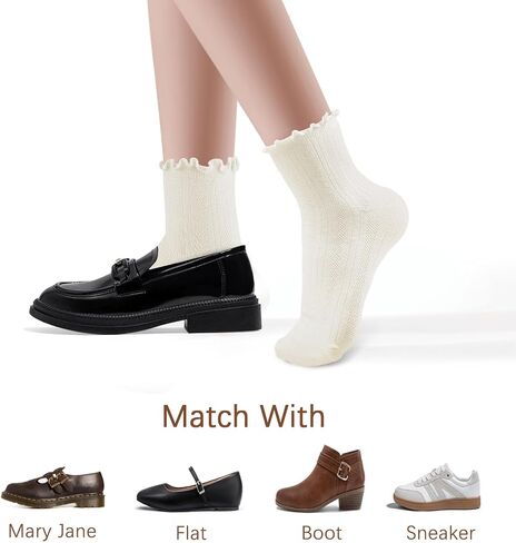 Women Cute Ruffle Socks: Frilly Cuff Fit Boots Dress Shoes for Office Daily Wear - Breathable Comfortable for Work in Kuwait