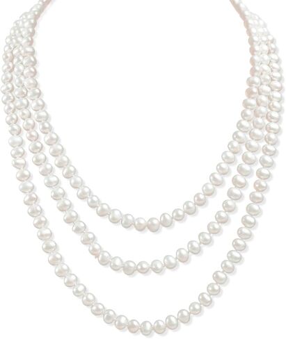 63 Inch Natural Freshwater Cultured Pearl Long Necklace, 6-7mm White Pearls, Multi-Layer Draping Sweater Chain, Elegant Evening Party Gift with Gift Box in Saudi Arabia