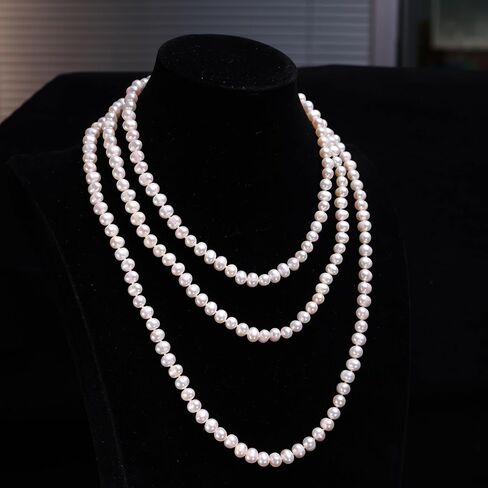 63 Inch Natural Freshwater Cultured Pearl Long Necklace, 6-7mm White Pearls, Multi-Layer Draping Sweater Chain, Elegant Evening Party Gift with Gift Box in Saudi Arabia
