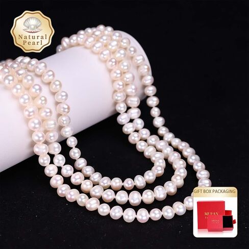 63 Inch Natural Freshwater Cultured Pearl Long Necklace, 6-7mm White Pearls, Multi-Layer Draping Sweater Chain, Elegant Evening Party Gift with Gift Box in Saudi Arabia