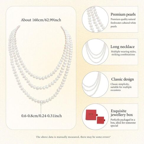 63 Inch Natural Freshwater Cultured Pearl Long Necklace, 6-7mm White Pearls, Multi-Layer Draping Sweater Chain, Elegant Evening Party Gift with Gift Box in Saudi Arabia