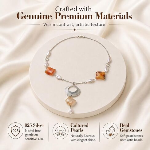 Freshwater Pearl Necklace for Women, 10-11mm Coin Pearls, 925 Sterling Silver Clasp, Agate & Opal Accents, Handmade Baroque Jewelry for Wedding, Anniversary, Gift in Saudi Arabia
