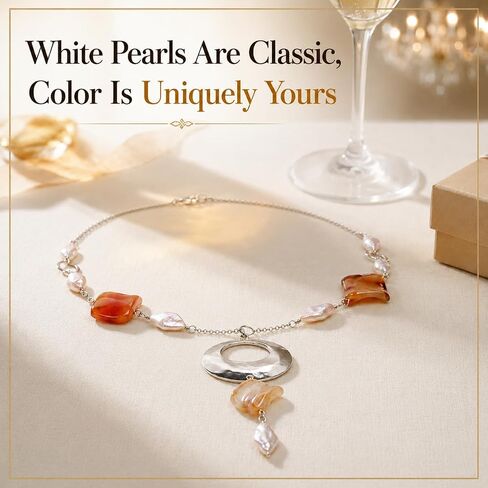 Freshwater Pearl Necklace for Women, 10-11mm Coin Pearls, 925 Sterling Silver Clasp, Agate & Opal Accents, Handmade Baroque Jewelry for Wedding, Anniversary, Gift in Saudi Arabia