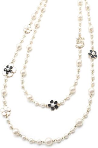 Long Pearl Necklaces,Vintage Layered Camellia Flower Necklace with Number 5 Charm for Women, Elegant Faux Pearl Sweater Necklace Party Costume Jewelry Gift in Saudi Arabia