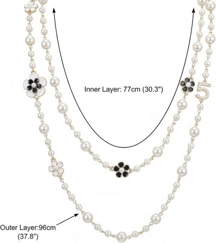 Long Pearl Necklaces,Vintage Layered Camellia Flower Necklace with Number 5 Charm for Women, Elegant Faux Pearl Sweater Necklace Party Costume Jewelry Gift in Saudi Arabia