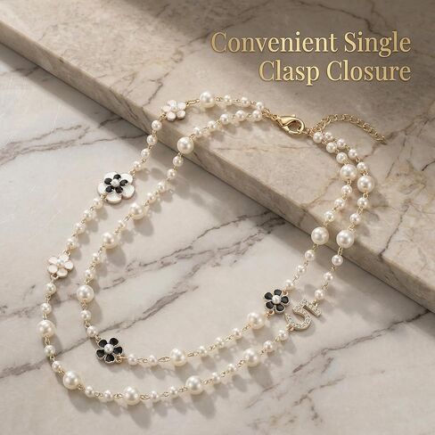 Long Pearl Necklaces,Vintage Layered Camellia Flower Necklace with Number 5 Charm for Women, Elegant Faux Pearl Sweater Necklace Party Costume Jewelry Gift in Saudi Arabia