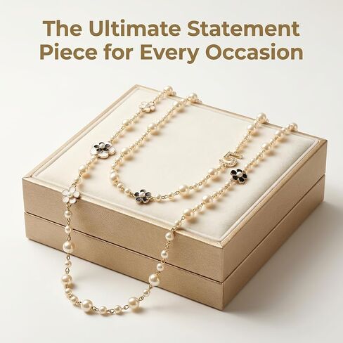 Long Pearl Necklaces,Vintage Layered Camellia Flower Necklace with Number 5 Charm for Women, Elegant Faux Pearl Sweater Necklace Party Costume Jewelry Gift in Saudi Arabia