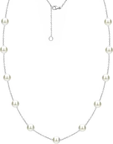 Tin Cup Station Chain Layered Necklace Cultured Freshwater White Pearl Jewelry for Women 18 inch in (Choice Pearl Sizes and Metal Type) in Saudi Arabia