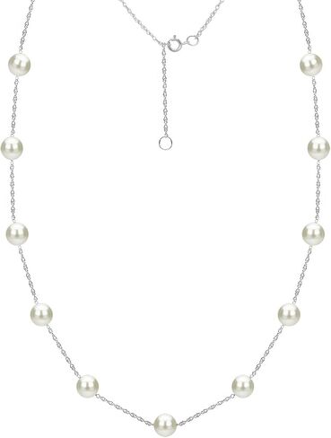 Tin Cup Station Chain Layered Necklace Cultured Freshwater White Pearl Jewelry for Women 18 inch in (Choice Pearl Sizes and Metal Type) in Saudi Arabia