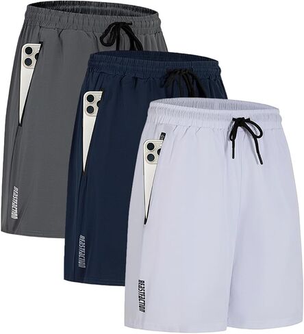 Men's 3pack Running Shorts with Zipper Phone Pocket, Quick Dry Athletic Gym Workout Shorts with Drawstring Waist in Saudi Arabia