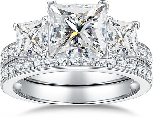 2.8CTTW Princess Cut Moissanite Wedding Sets for Women, 3 Stone Engagement Ring D Color VVS1 with Certificate, Eternity Anniversary Bridal Sets Size 5-10 in Saudi Arabia