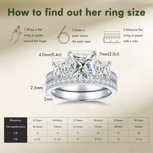 2.8CTTW Princess Cut Moissanite Wedding Sets for Women, 3 Stone Engagement Ring D Color VVS1 with Certificate, Eternity Anniversary Bridal Sets Size 5-10 in Saudi Arabia