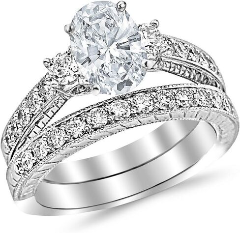14K White Gold 3.5 Carat LAB GROWN DIAMOND Three Stone Vintage With Milgrain & Filigree Bridal Set with Wedding Band & Oval Cut Diamond Engagement Ring (D-E Color VS1-VS2 Clarity 2.5 Ct Center) in Kuwait