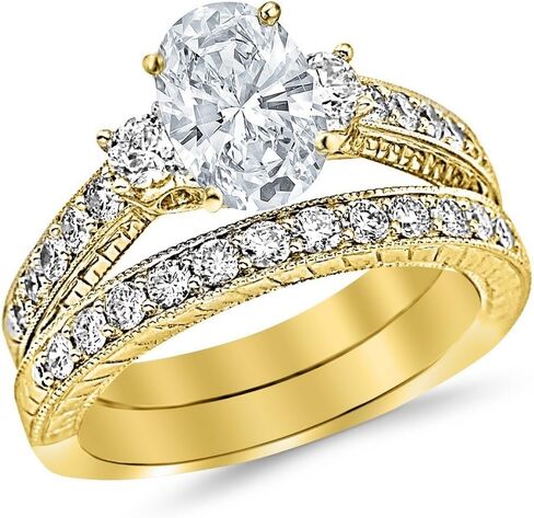 14K White Gold 3.5 Carat LAB GROWN DIAMOND Three Stone Vintage With Milgrain & Filigree Bridal Set with Wedding Band & Oval Cut Diamond Engagement Ring (D-E Color VS1-VS2 Clarity 2.5 Ct Center) in Kuwait