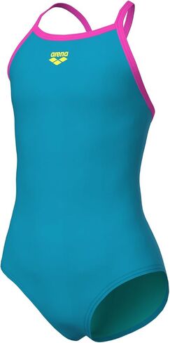 ARENA Feel Girls' Junior Solid Light Drop Back Swimsuit Thin Straps Chlorine Resistant Quick Drying Comfortable One Piece Bathing Suit, Eyeblush Blue/Shocking Pink, US Size 5T/22 in Kuwait