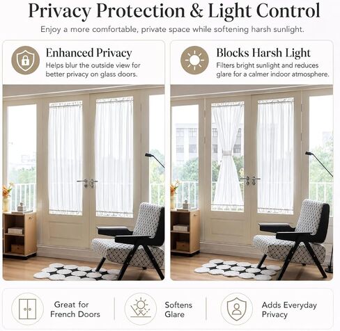 Aquazolax Sheer Door Window Curtains Set of 2, Top and Bottom Rod Pocket Privacy Protect Voile Window Panels for Kitchen French Main Door with Tiebacks - Satin White in Saudi Arabia