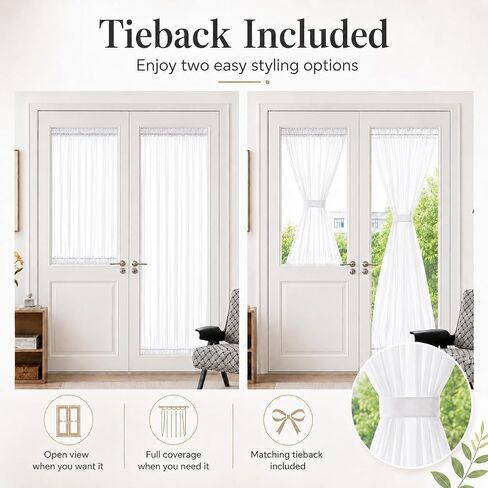Aquazolax Sheer Door Window Curtains Set of 2, Top and Bottom Rod Pocket Privacy Protect Voile Window Panels for Kitchen French Main Door with Tiebacks - Satin White in Saudi Arabia