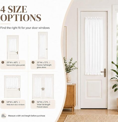 Aquazolax Sheer Door Window Curtains Set of 2, Top and Bottom Rod Pocket Privacy Protect Voile Window Panels for Kitchen French Main Door with Tiebacks - Satin White in Saudi Arabia