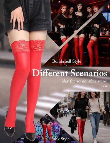ohyeah Women Sexy PU Leather Thigh High Stockings Plus Size XS-5XL Lace Top Stay Up Silicone Anti-Slip Pantyhose Long Socks in Kuwait