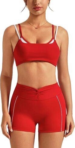 ABOCIW Workout Sets for Women 2 Piece Twist Back Layered Sports Bra Mini Shorts Yoga Pilates Outfits Active Wear in Kuwait