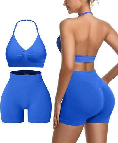 2 Piece Women's Workout Sets pilates outfits for women Padded Sports Bra Ribbed high waist yoga Shorts Gym athletic sets in Kuwait