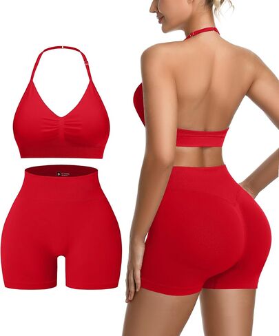 2 Piece Women's Workout Sets pilates outfits for women Padded Sports Bra Ribbed high waist yoga Shorts Gym athletic sets in Saudi Arabia