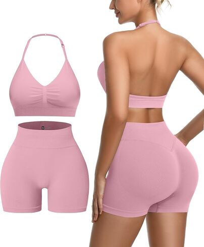 2 Piece Women's Workout Sets pilates outfits for women Padded Sports Bra Ribbed high waist yoga Shorts Gym athletic sets in Saudi Arabia