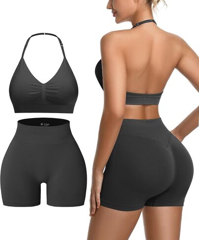 2 Piece Women's Workout Sets pilates outfits for women Padded Sports Bra Ribbed high waist yoga Shorts Gym athletic sets in Saudi Arabia
