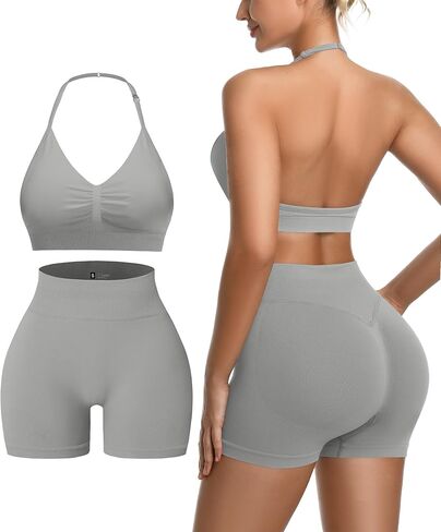 2 Piece Women's Workout Sets pilates outfits for women Padded Sports Bra Ribbed high waist yoga Shorts Gym athletic sets in Saudi Arabia