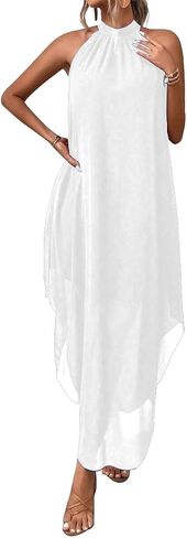 SKAYS Women's Elegant Halter Neck Dress High End Sleeveless Cocktail Party Dress Summer Flowy Wedding Guest Long Dress in Kuwait