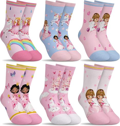 6 Pairs Kids Girls Socks Funny Cartoon Princess Castle White Pink Blue Breathable Crew Sock aged for 2-11Years in Saudi Arabia