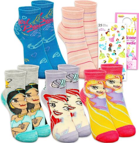 Disney Princess Socks for Kids - Bundle with 5 Pairs of Crew Socks Size 7-10 Plus Stickers, More | Disney Princess Gift Set for Girls Ages 4-6 in Kuwait