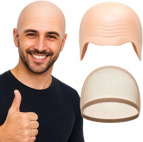 مجموعة زي قبعة أصلع مع قبعة شعر مستعار، قبعة رأس أصلع من اللاتكس لمظهر صلع سريع، قبعات أصلع عارية للبالغين والرجال والنساء in Kuwait