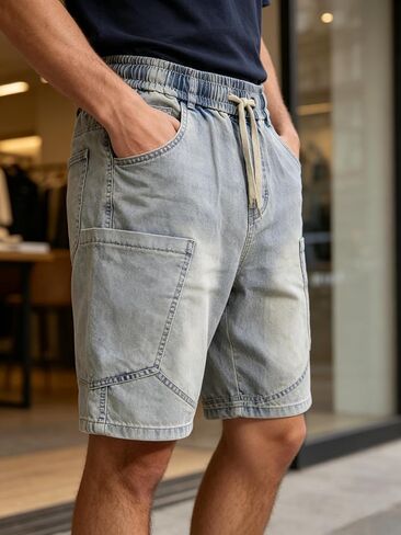 Men's Cargo Denim Shorts, Casual Loose Fit Multi-Pocket Knee Length Denim Shorts for Streetwear Summer in Saudi Arabia