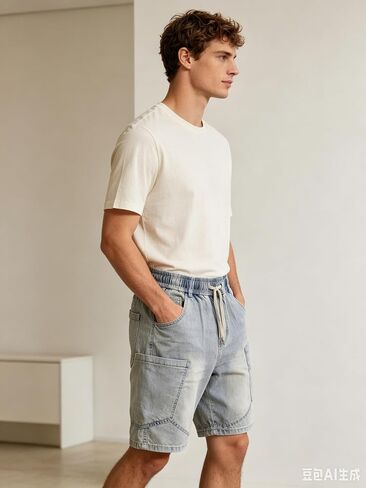 Men's Cargo Denim Shorts, Casual Loose Fit Multi-Pocket Knee Length Denim Shorts for Streetwear Summer in Saudi Arabia