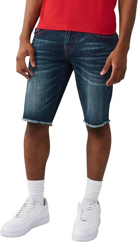 شورت رجالي من قماش الدنيم ذو حاشية ريكي من True Religion - مقاس مريح، تفاصيل حدوة الحصان - غسول داكن خام جانبي، 33 in Kuwait