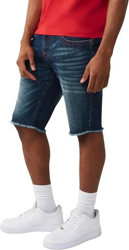 شورت رجالي من قماش الدنيم ذو حاشية ريكي من True Religion - مقاس مريح، تفاصيل حدوة الحصان - غسول داكن خام جانبي، 33 in Kuwait