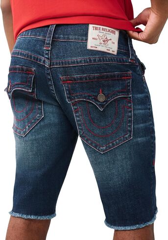 شورت رجالي من قماش الدنيم ذو حاشية ريكي من True Religion - مقاس مريح، تفاصيل حدوة الحصان - غسول داكن خام جانبي، 33 in Kuwait