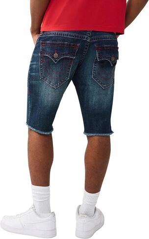 شورت رجالي من قماش الدنيم ذو حاشية ريكي من True Religion - مقاس مريح، تفاصيل حدوة الحصان - غسول داكن خام جانبي، 33 in Kuwait
