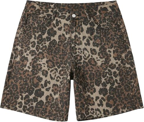 VIPWOLF Men's Leopard Cheetah Print Jean Shorts Y2K Rhinestone Denim Bermuda Shorts Grunge Baggy Jorts Streetwear in Saudi Arabia